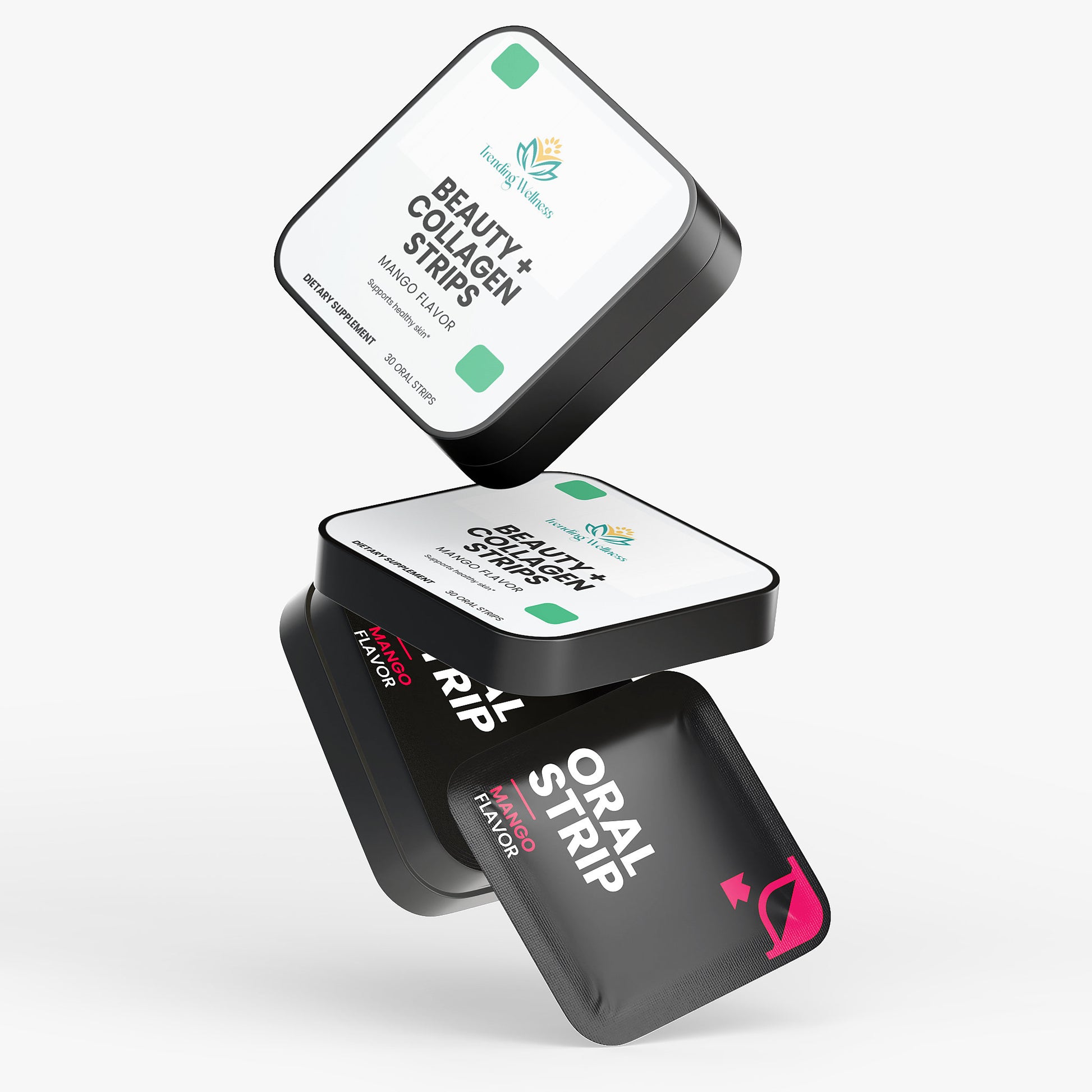 Three Equivitra oral strip containers on a white background