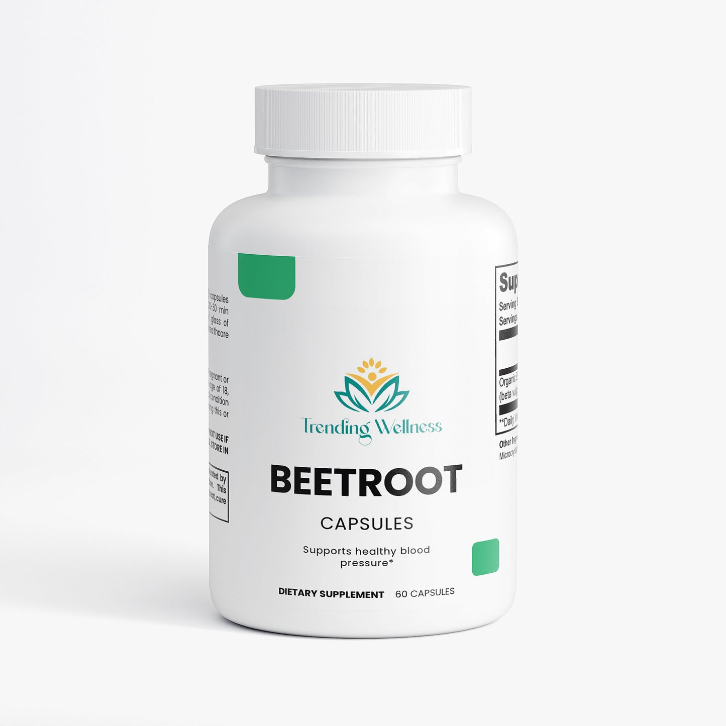 Bottle of Beetroot capsules by Trending Wellness on a white background