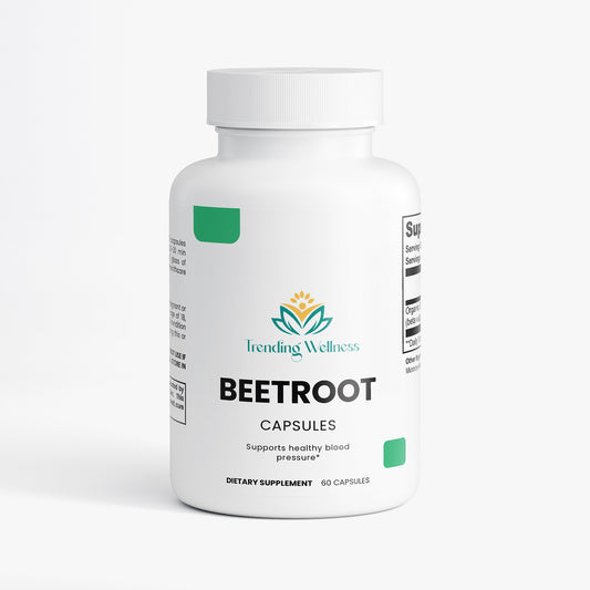Bottle of Beetroot capsules by Trending Wellness on a white background