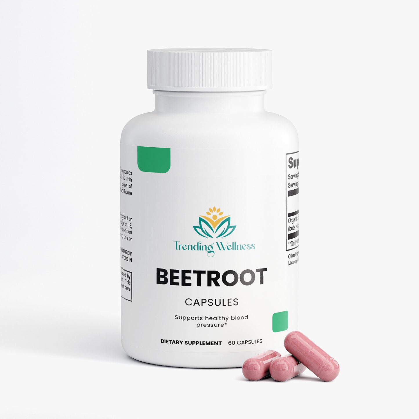 Bottle of Beetroot capsules from Irresisting Wellness on a white background