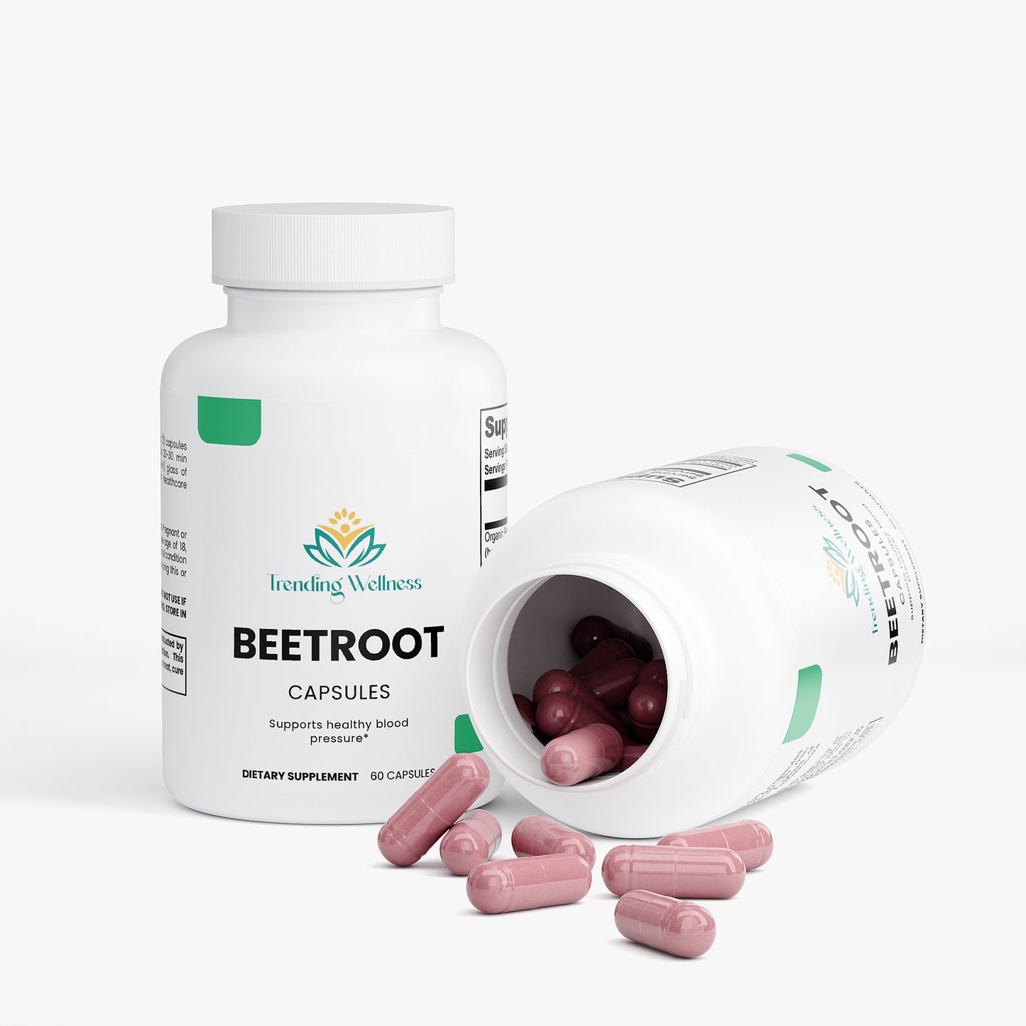 Beetroot capsules in a white bottle with 'Trending Wellness' branding on a white background.