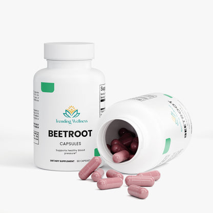 Beetroot capsules in a white bottle with 'Trending Wellness' branding on a white background.