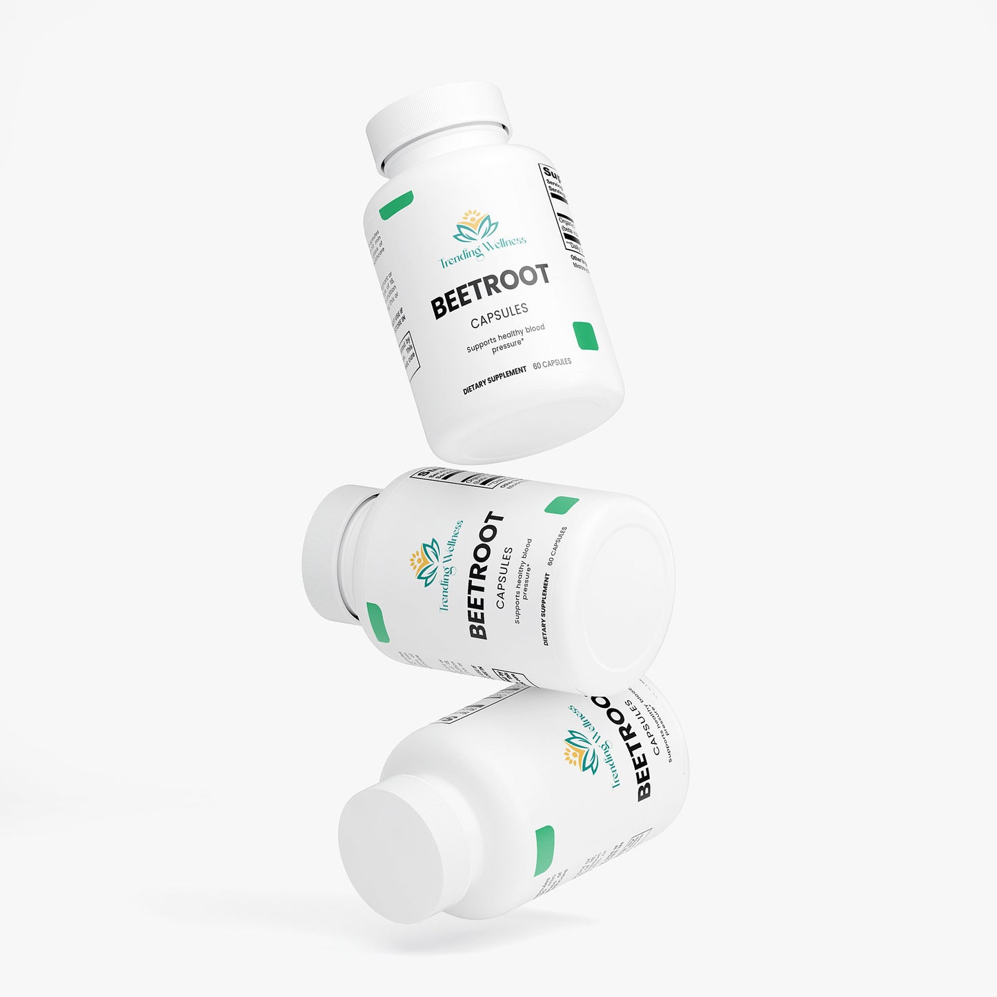 Three bottles of Beetroot capsules on a white background