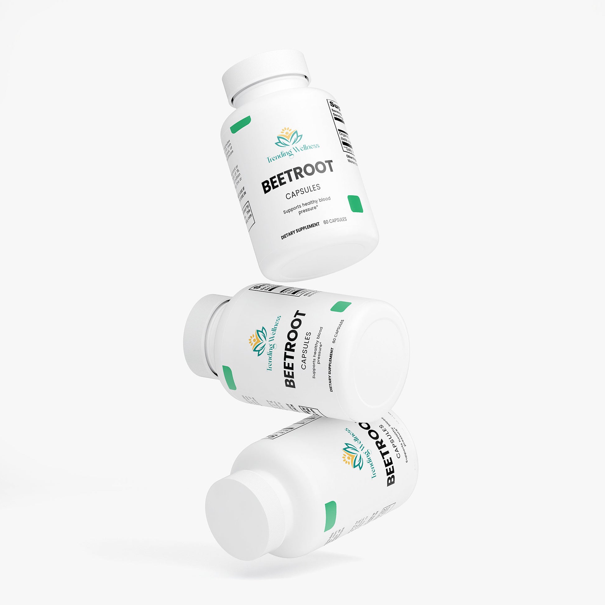 Three bottles of Beetroot capsules on a white background