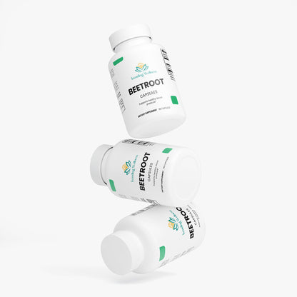 Three bottles of Beetroot capsules on a white background