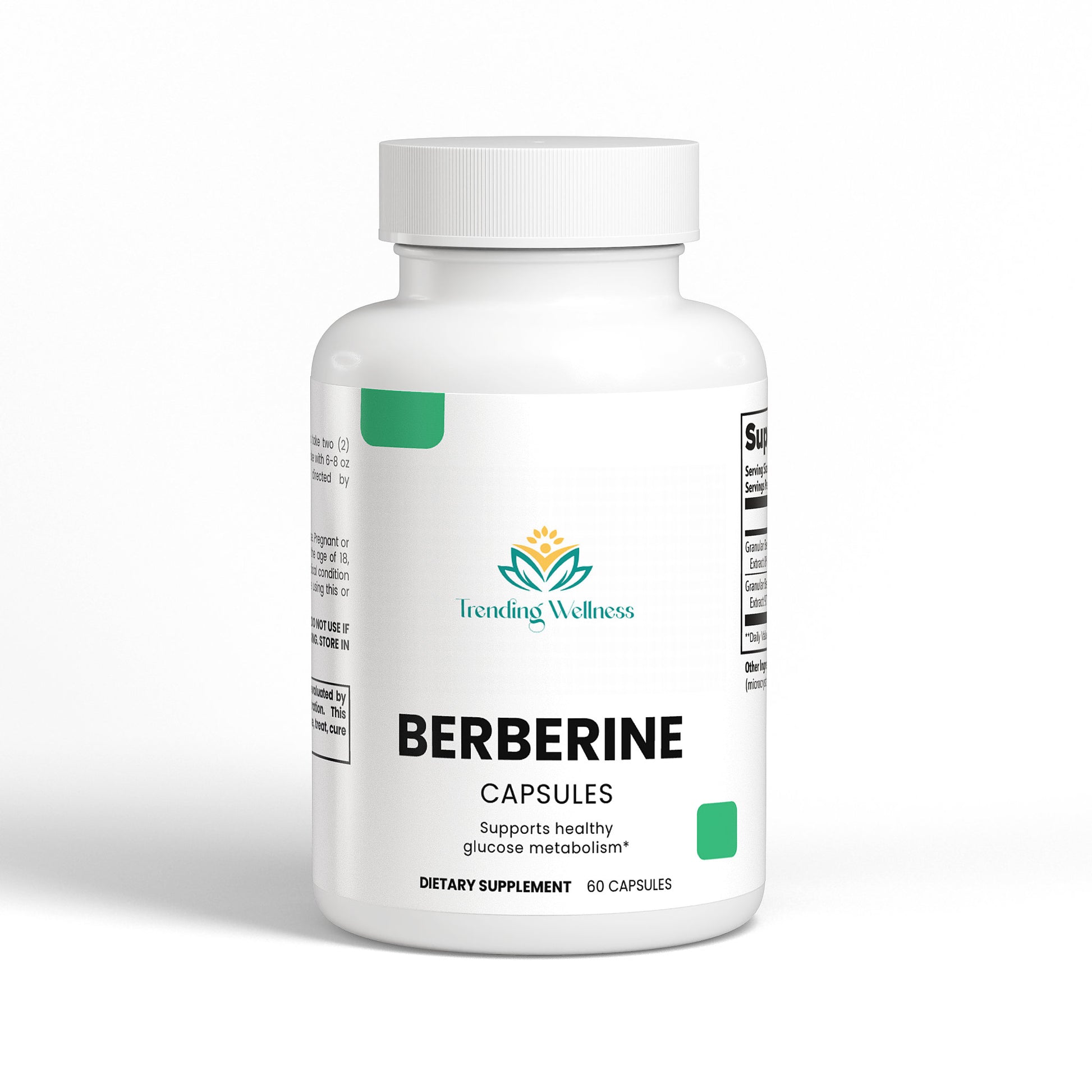 Bottle of Berberine capsules by Trending Wellness on a white background