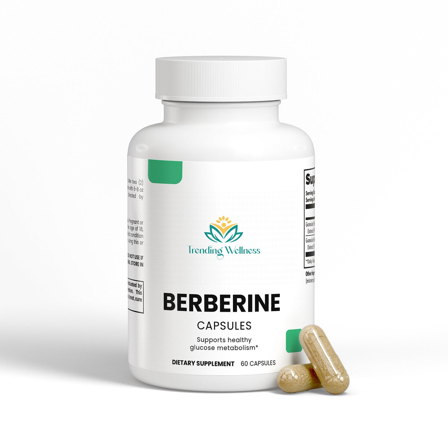 Bottle of Berberine capsules with a white background