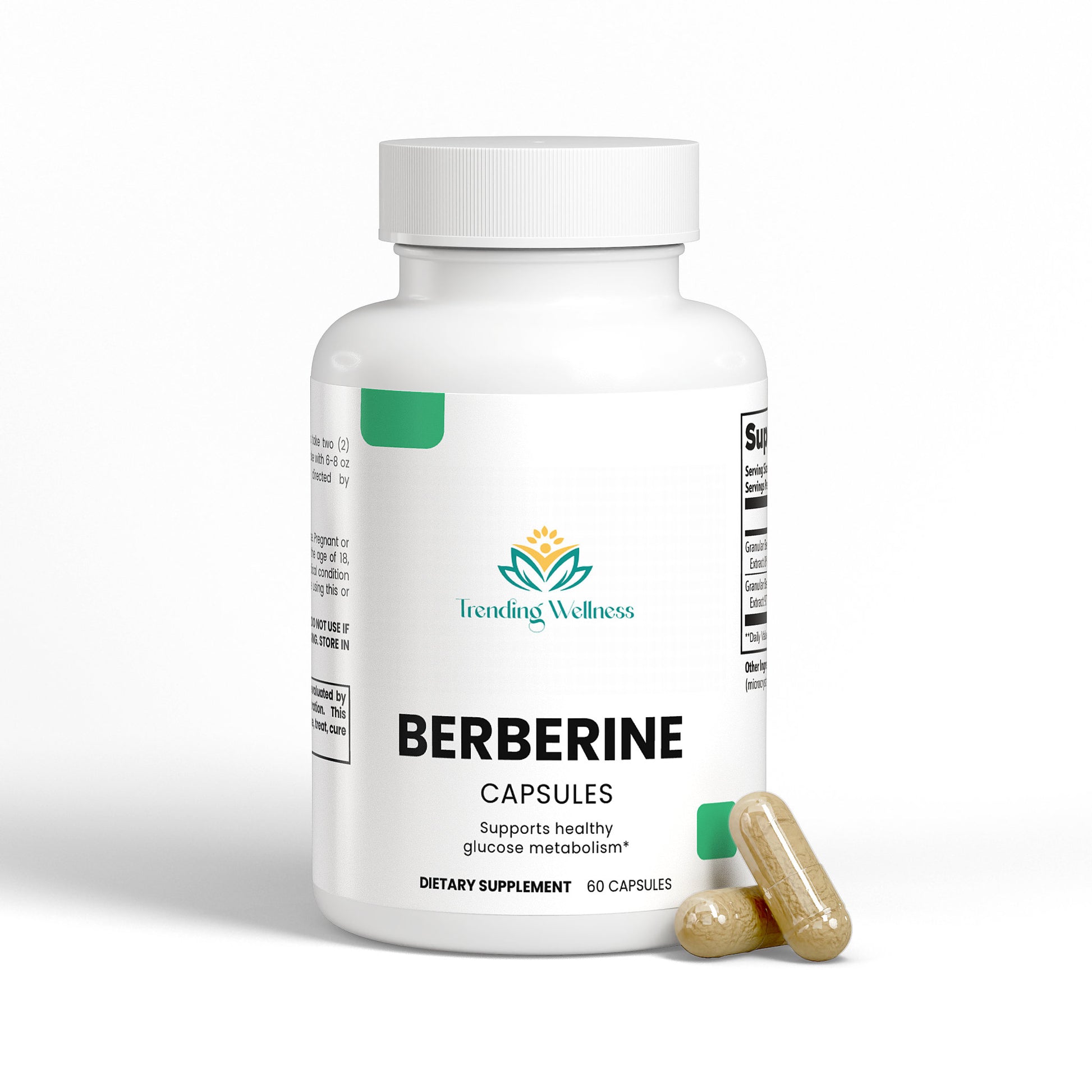Bottle of Berberine capsules with a white background