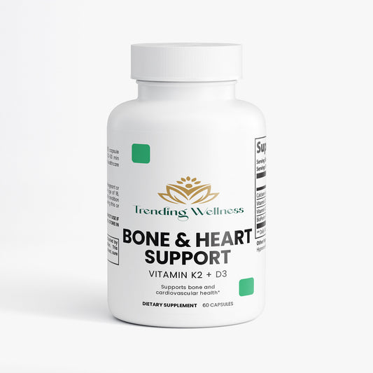 Supplement bottle labeled 'Bone & Heart Support' by Trending Wellness on a white background