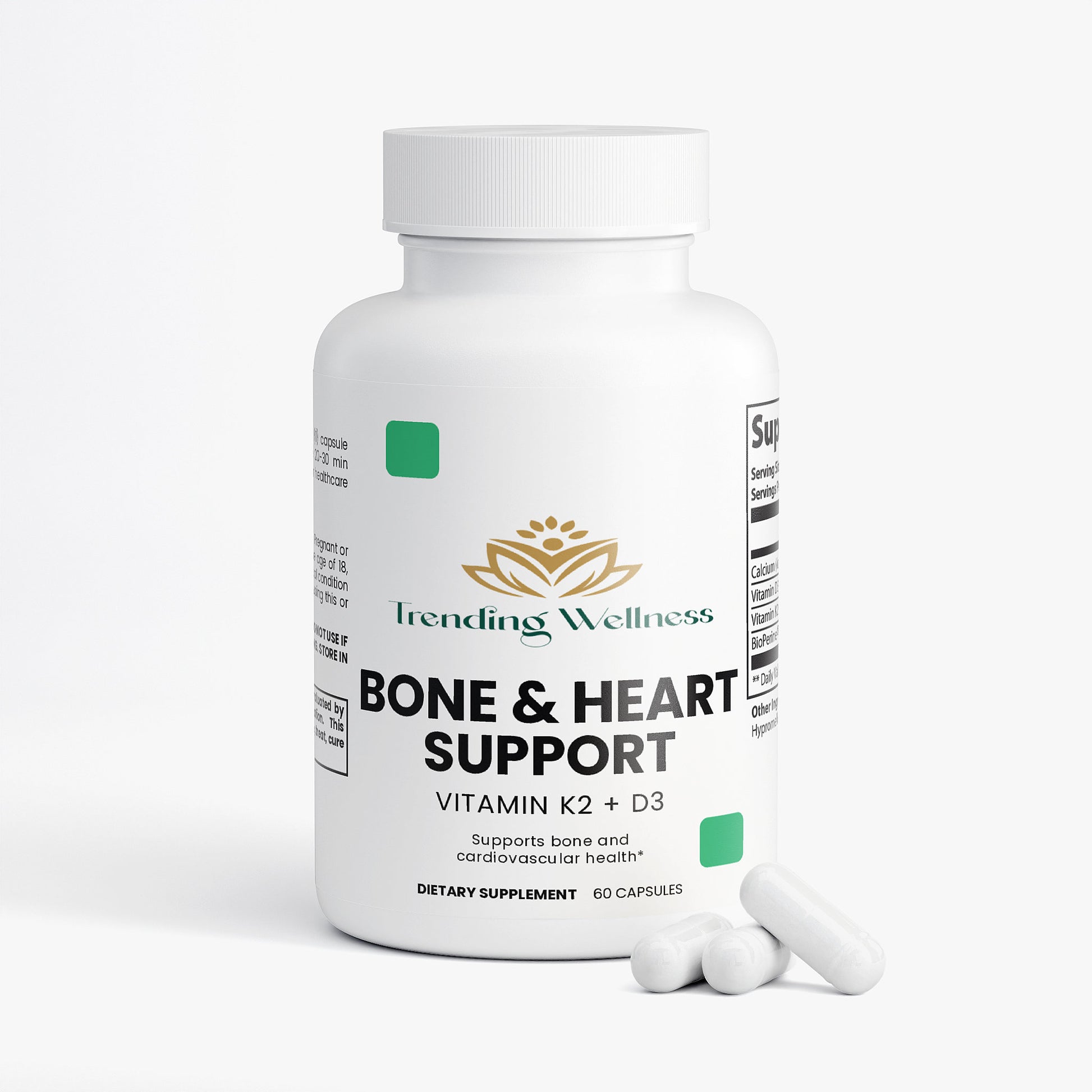 Supplement bottle labeled 'Bone & Heart Support' by Trending Wellness on a white background