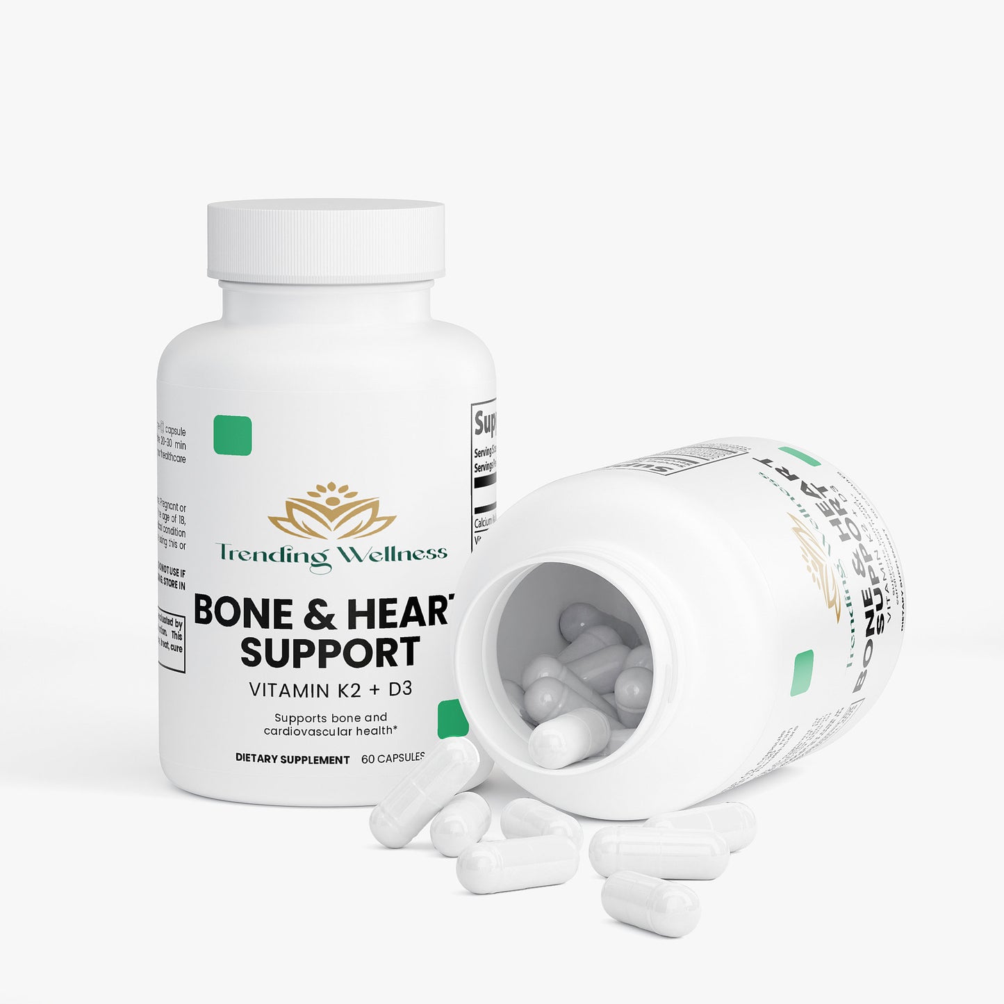 Supplement bottle labeled 'Bone & Heart Support' with pills spilling out on a white background