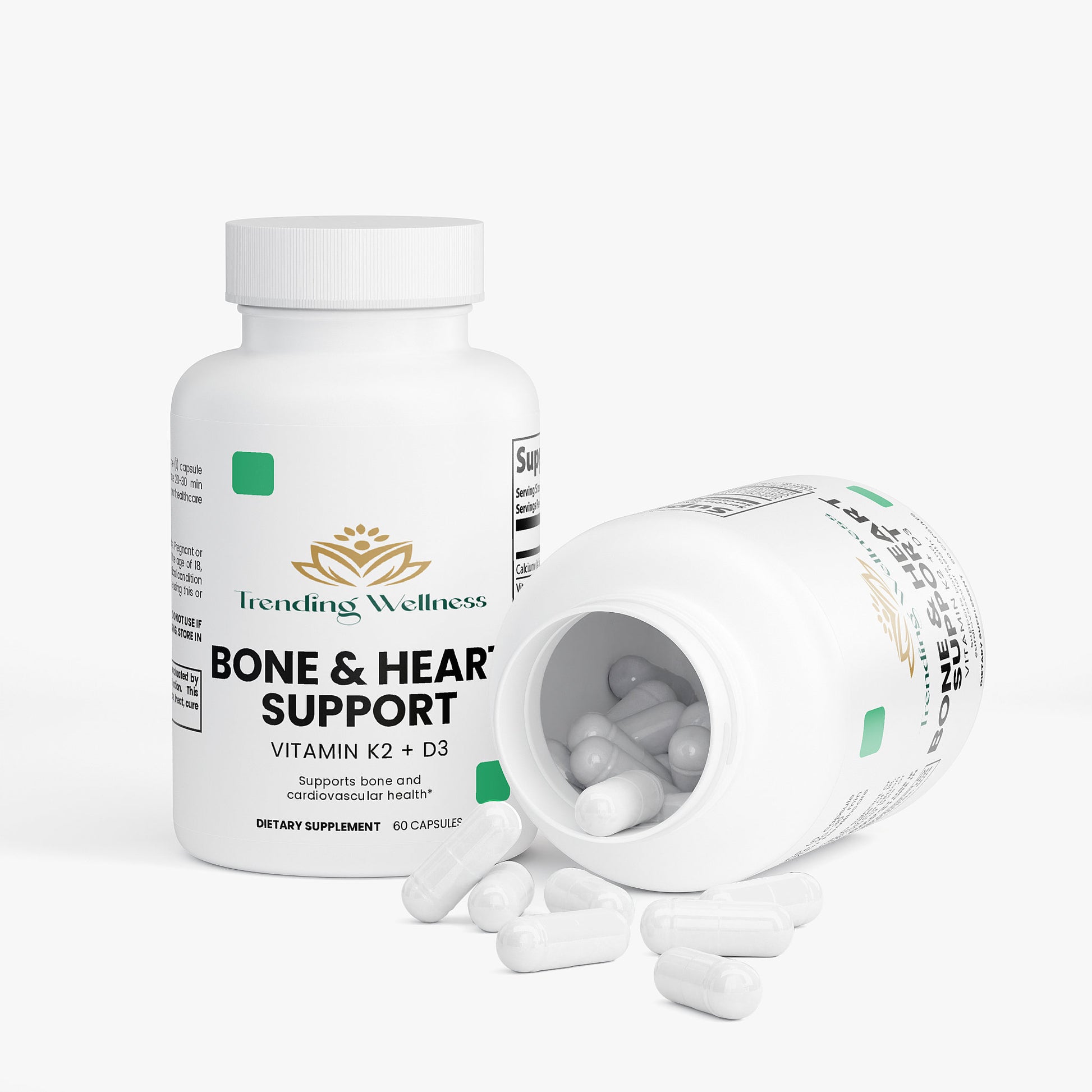 Supplement bottle labeled 'Bone & Heart Support' with pills spilling out on a white background