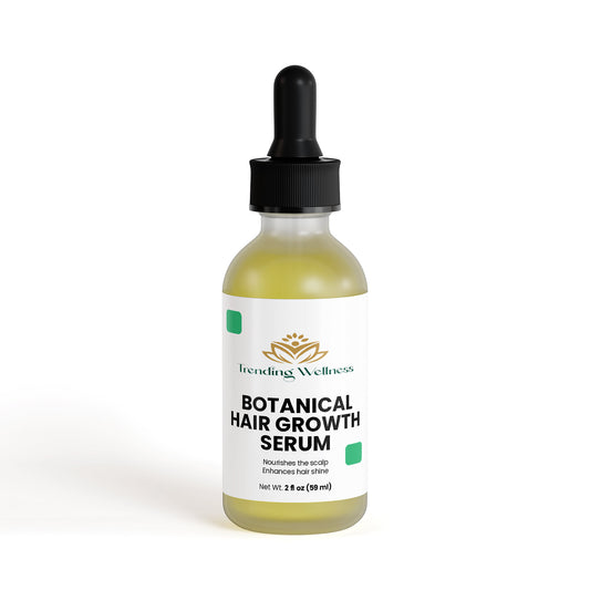 Botanical hair growth serum bottle with dropper on a white background