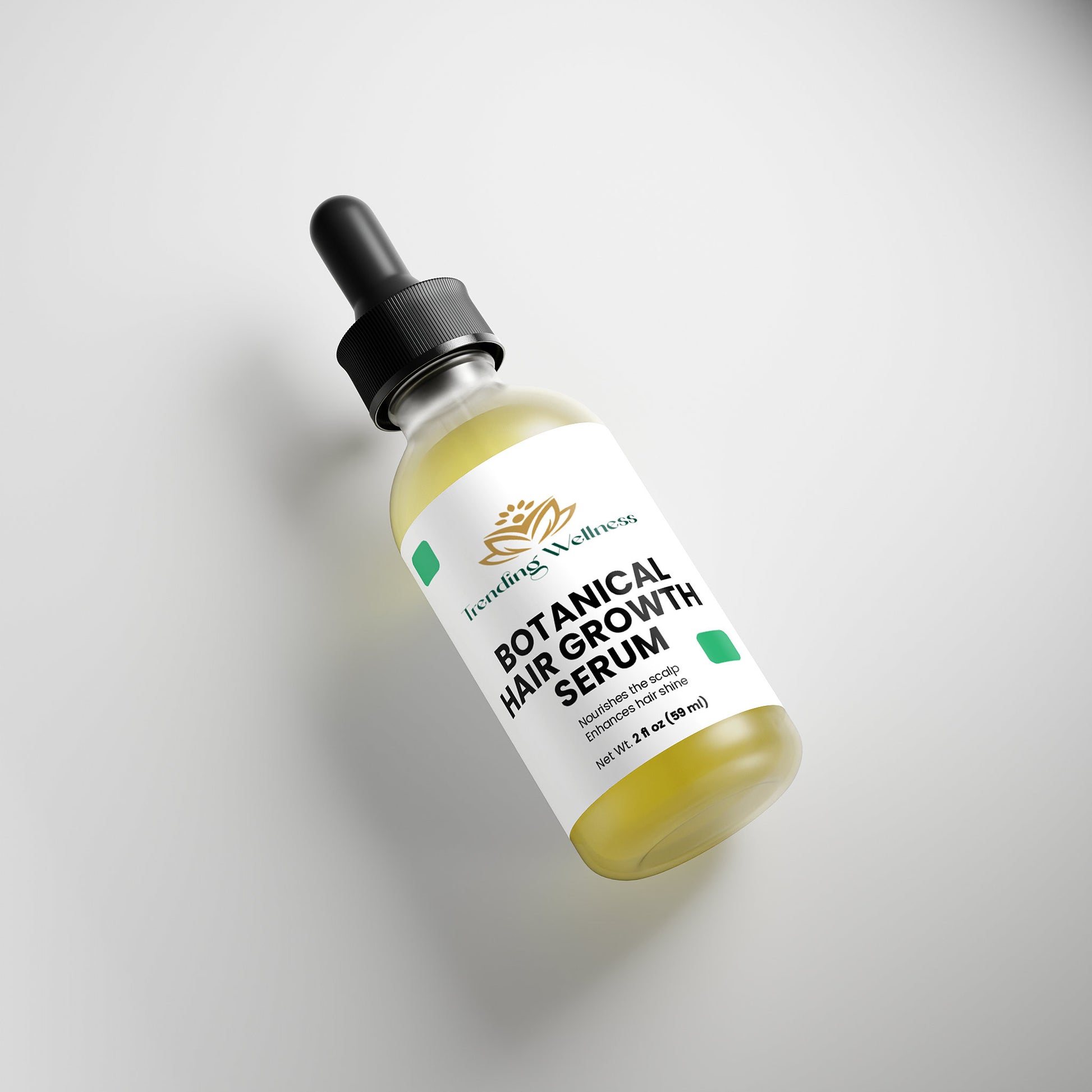 Botanical hair growth serum bottle with dropper on a light gray background