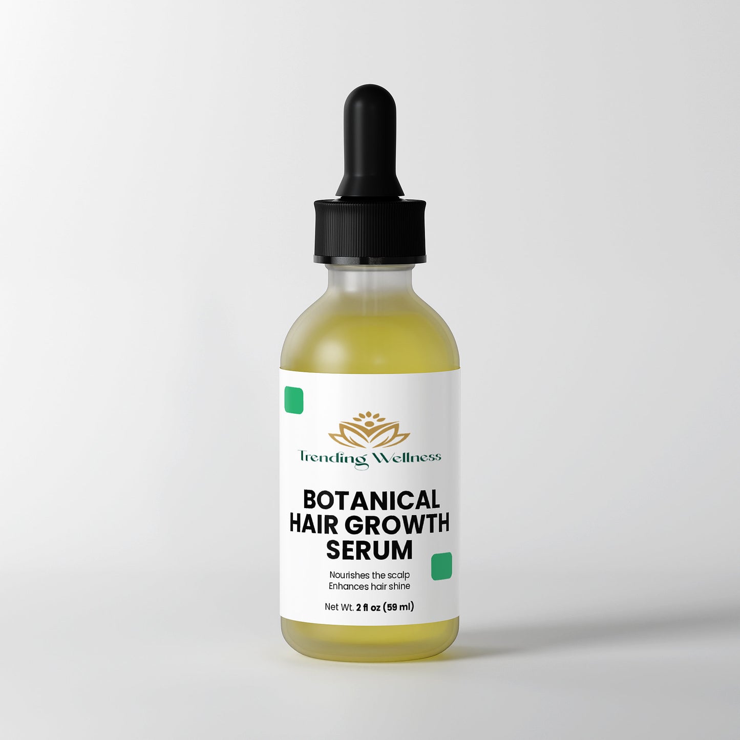 Botanical hair growth serum bottle with dropper on a light gray background