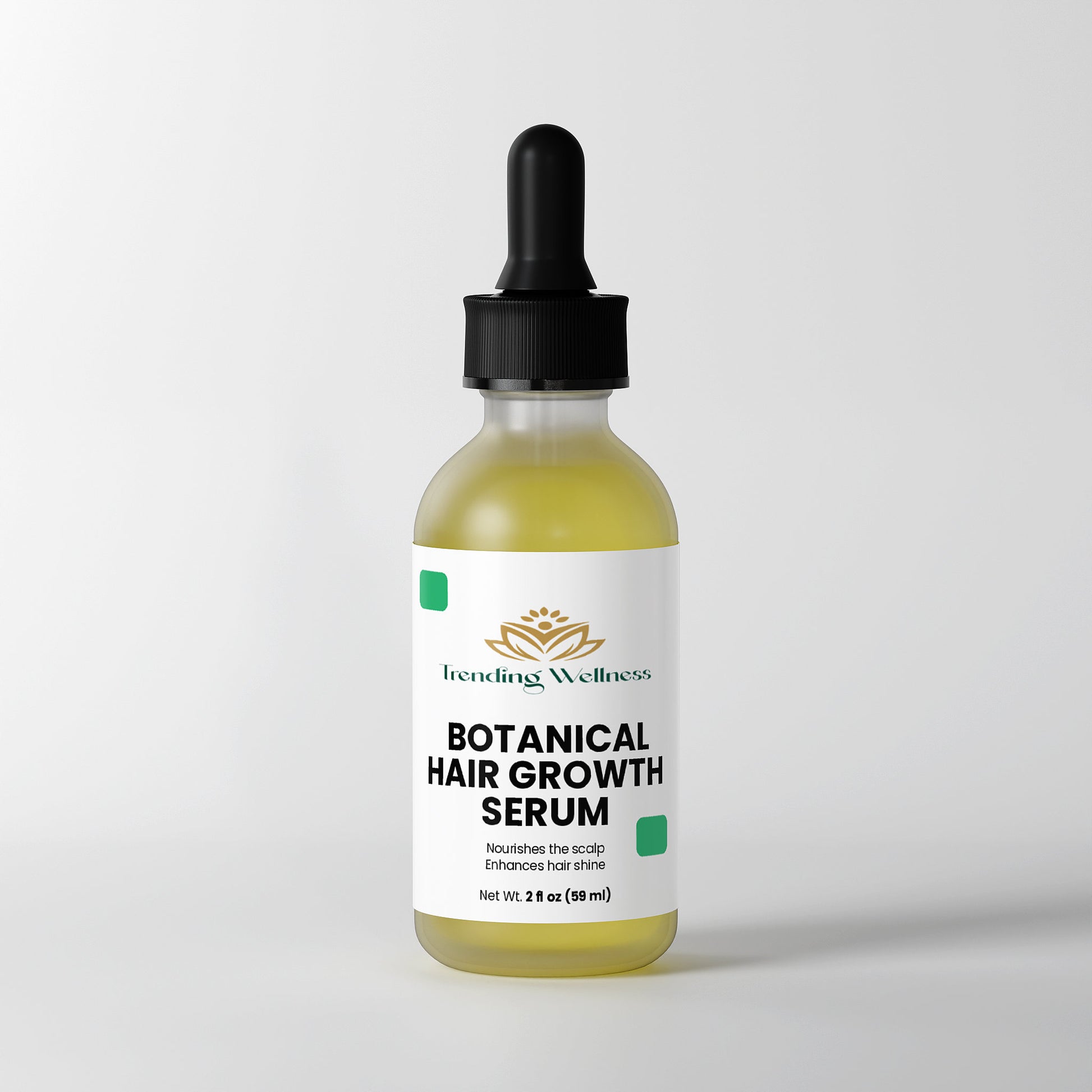 Botanical hair growth serum bottle with dropper on a light gray background