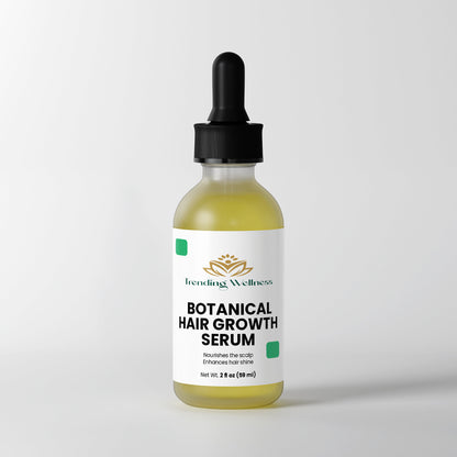 Botanical hair growth serum bottle with dropper on a light gray background