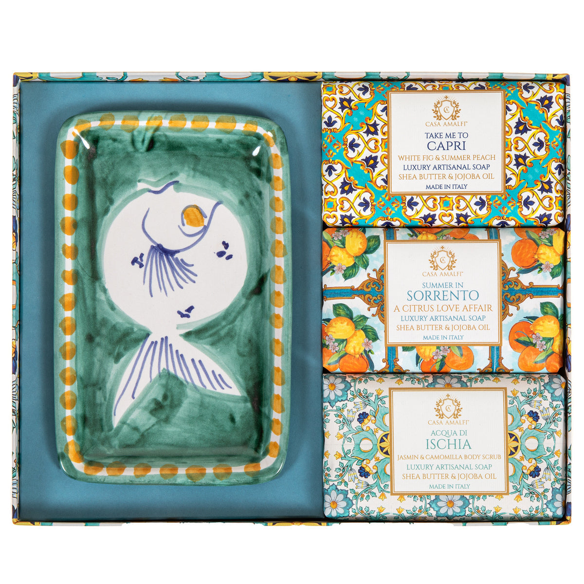 Casa Amalfi Green Maiolica Gift Box: 3 Soaps + Ceramic Soap Dish - Trending Wellness Store