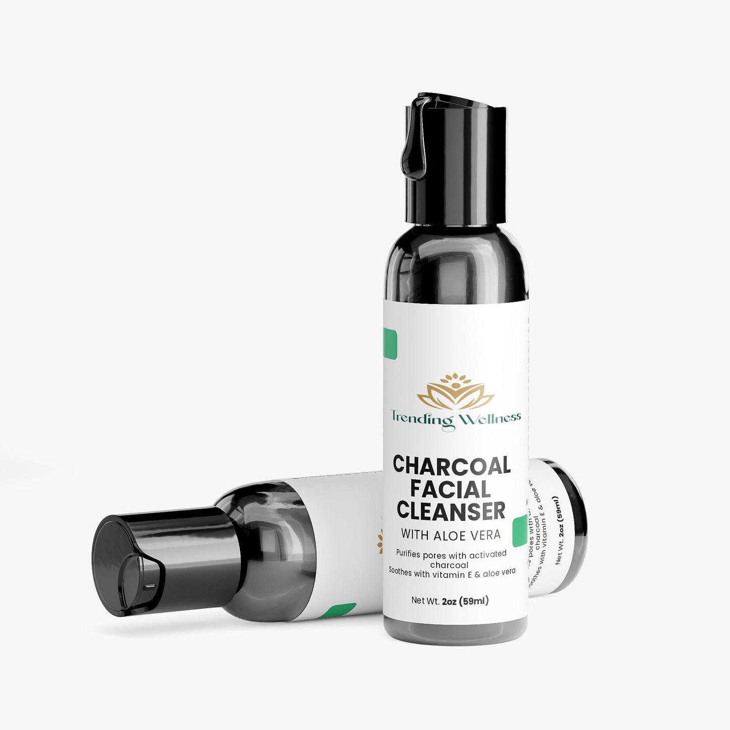 Two bottles of Soluna Charcoal Facial Cleanser with Aloe Vera on a white background