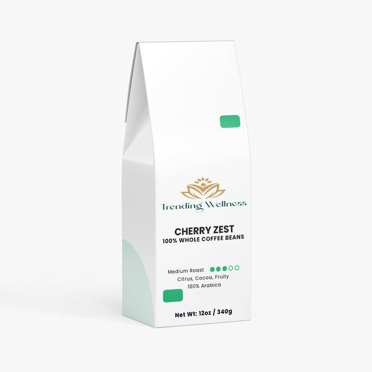 Coffee bean package labeled 'Cherry Zest' by Trending Wellness on a white background