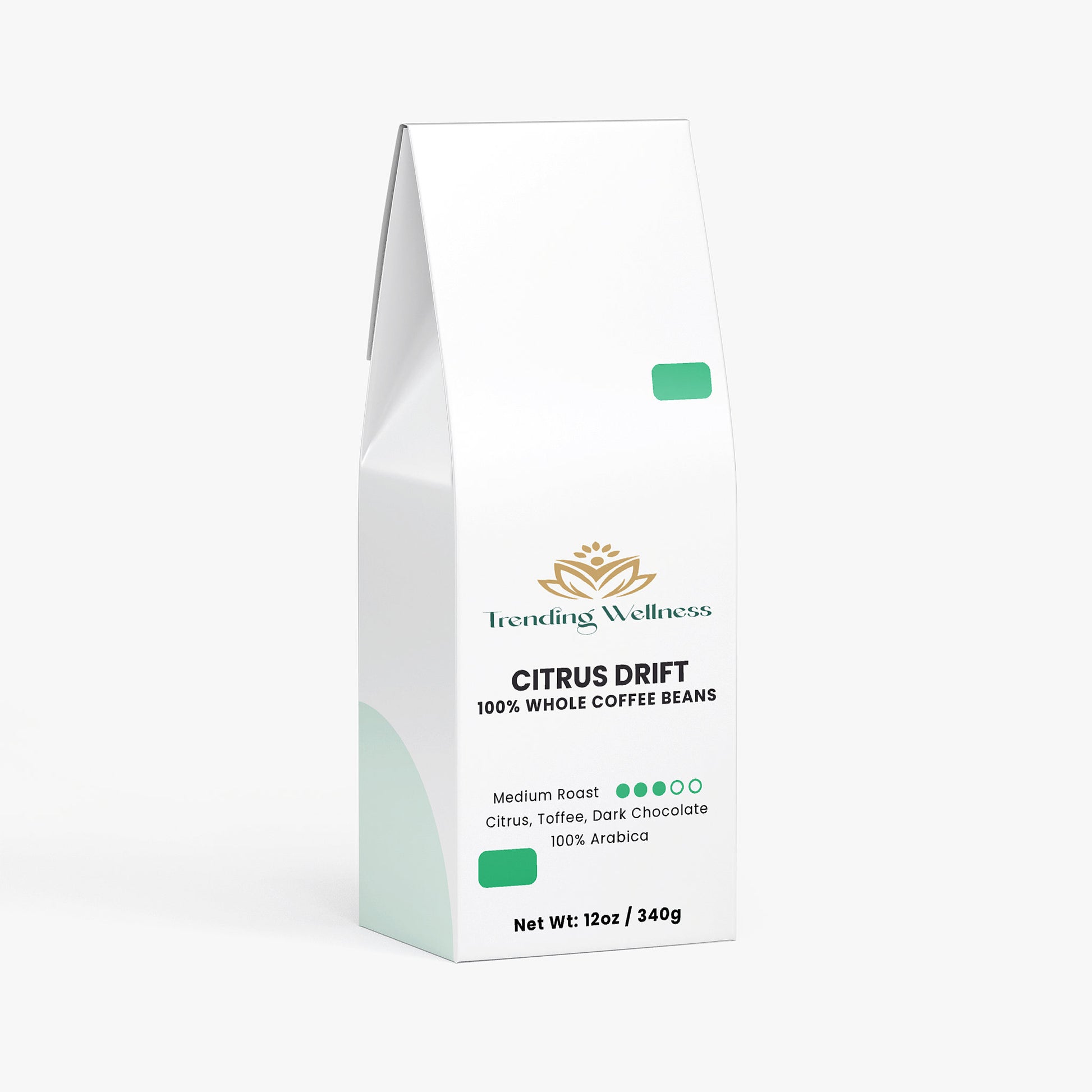 Coffee bean package labeled 'Citrus Drift' by Trending Wellness on a white background
