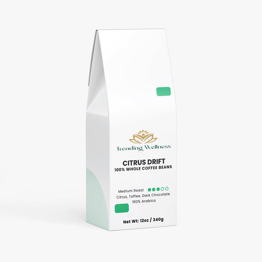 Coffee bean package labeled 'Citrus Drift' by Trending Wellness on a white background