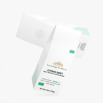 Package of 'Citrus Drift' coffee beans with branding on a white background