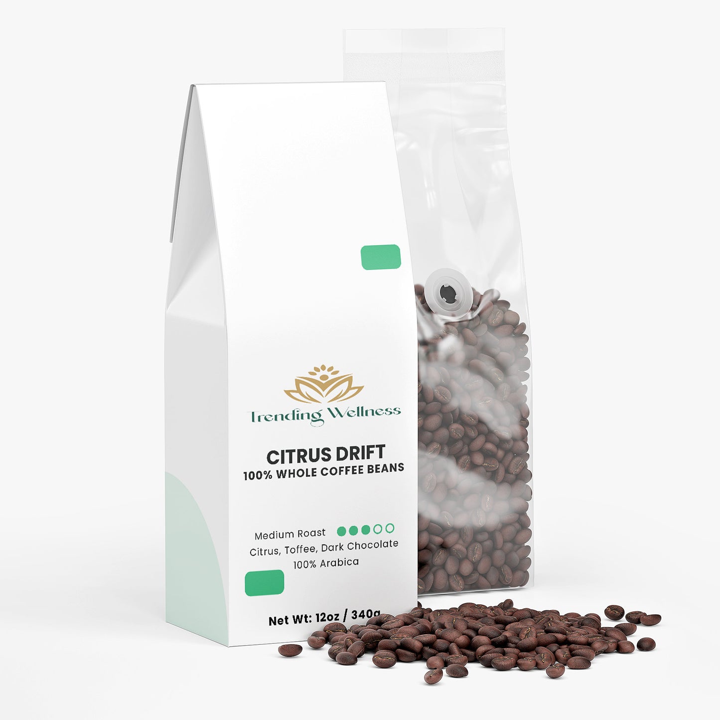 Bag of Molten Caramel coffee beans with visible branding on a white background