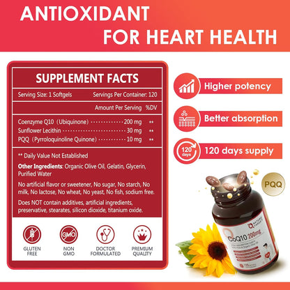 CoQ10 + PQQ + Olive Oil, 200mg, 120 Softgels - Trending Wellness Store