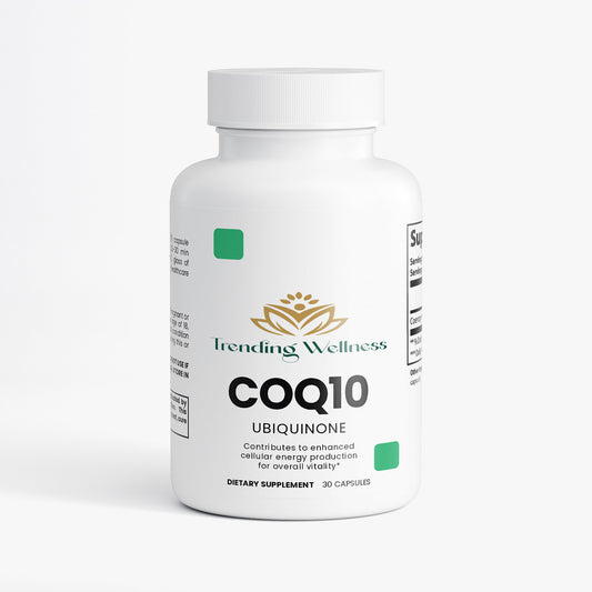 Supplement bottle labeled 'Trending Wellness COQ10 Ubiquinone' on a white background