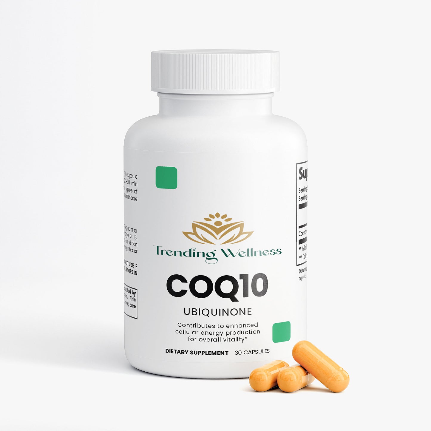 Trending Wellness COQ10 Ubiquinone dietary supplement bottle with capsules on a white background
