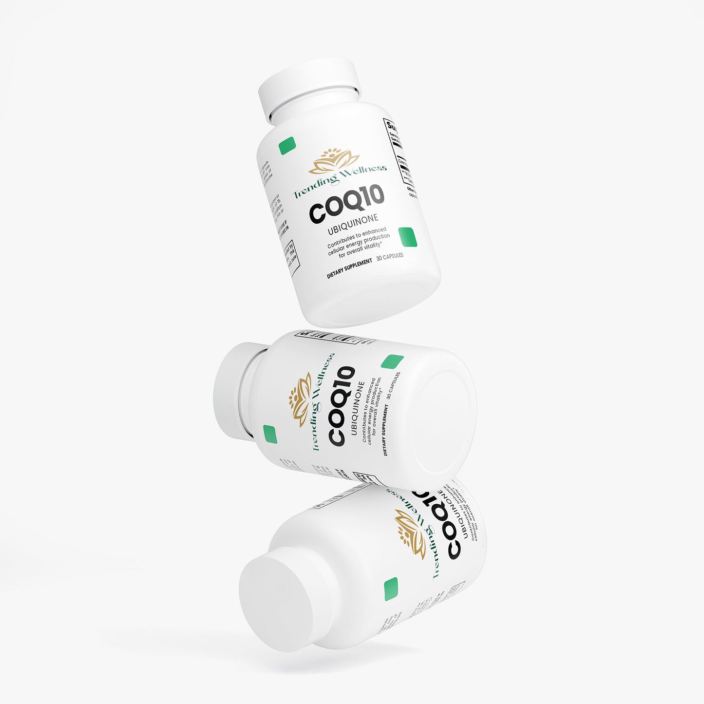 Three bottles of COQ10 Ubiquinol on a white background
