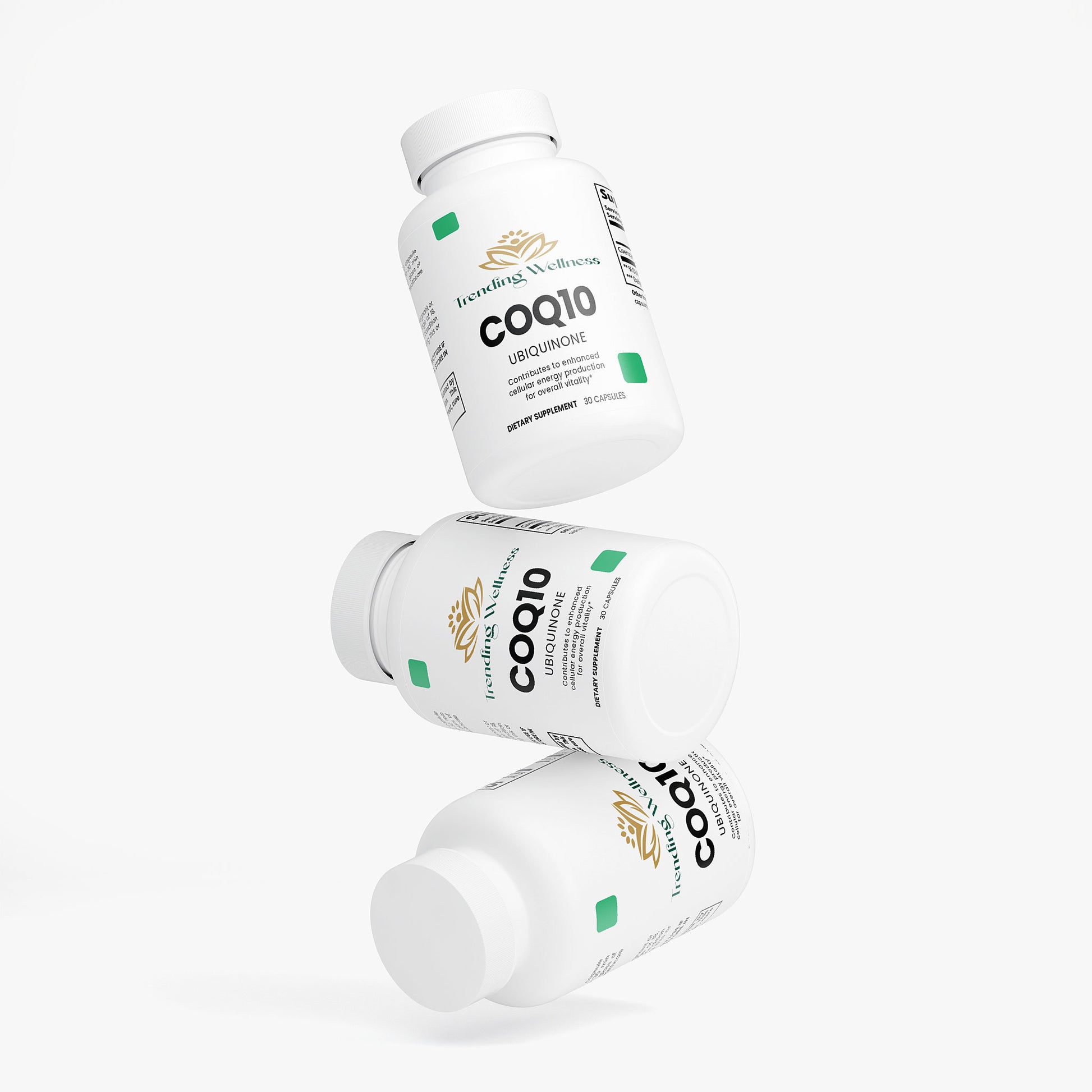 Three bottles of COQ10 Ubiquinol on a white background