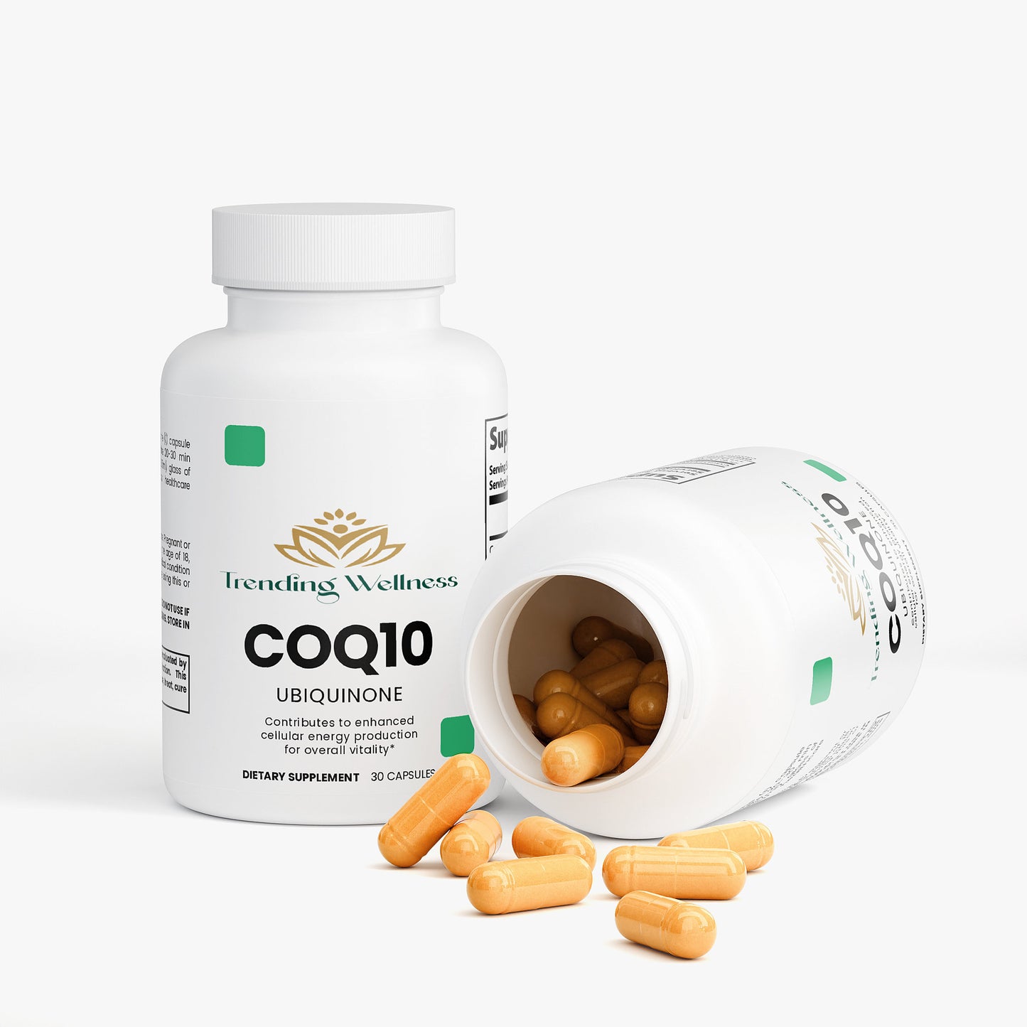 Trending Wellness COQ10 Ubiquinone supplement bottle with open cap showing capsules on a white background