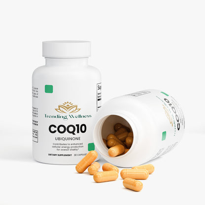 Trending Wellness COQ10 Ubiquinone supplement bottle with open cap showing capsules on a white background