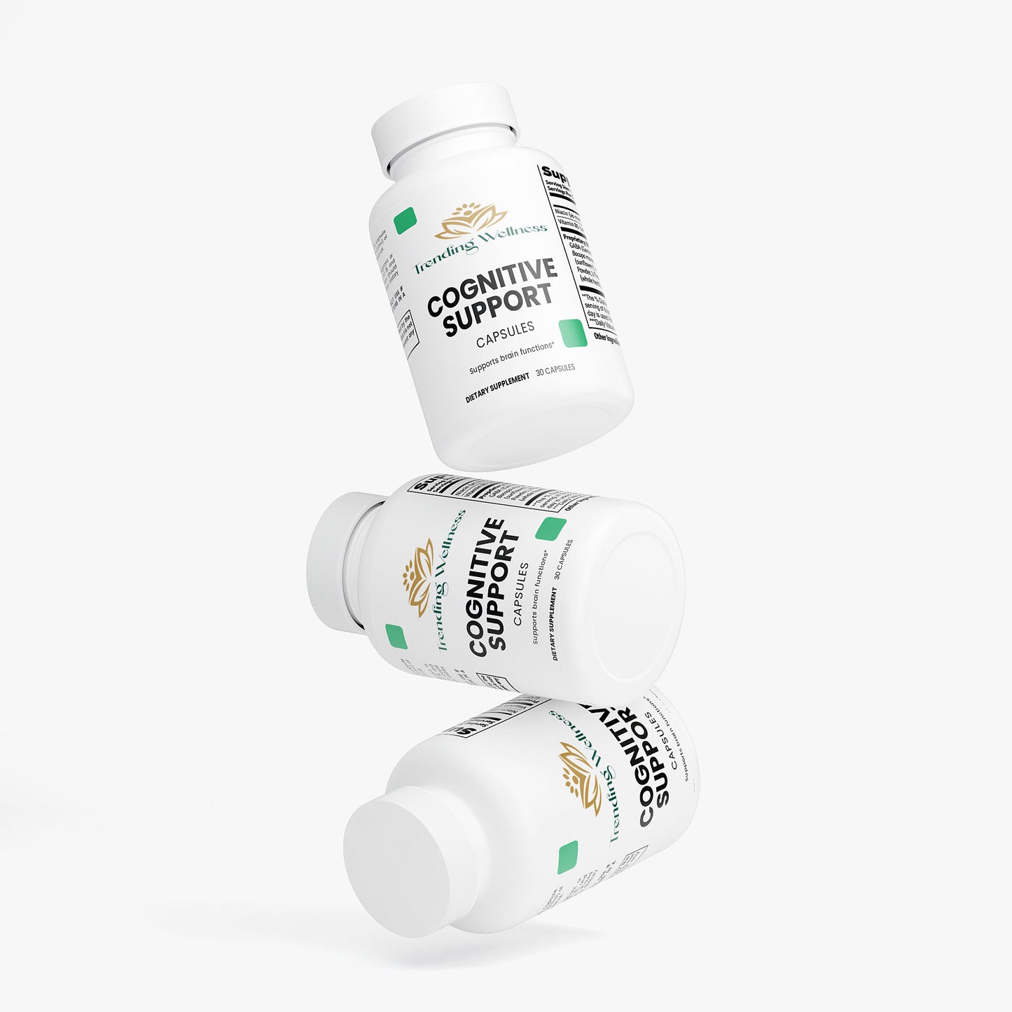 Three bottles of Cognitive Support capsules on a white background