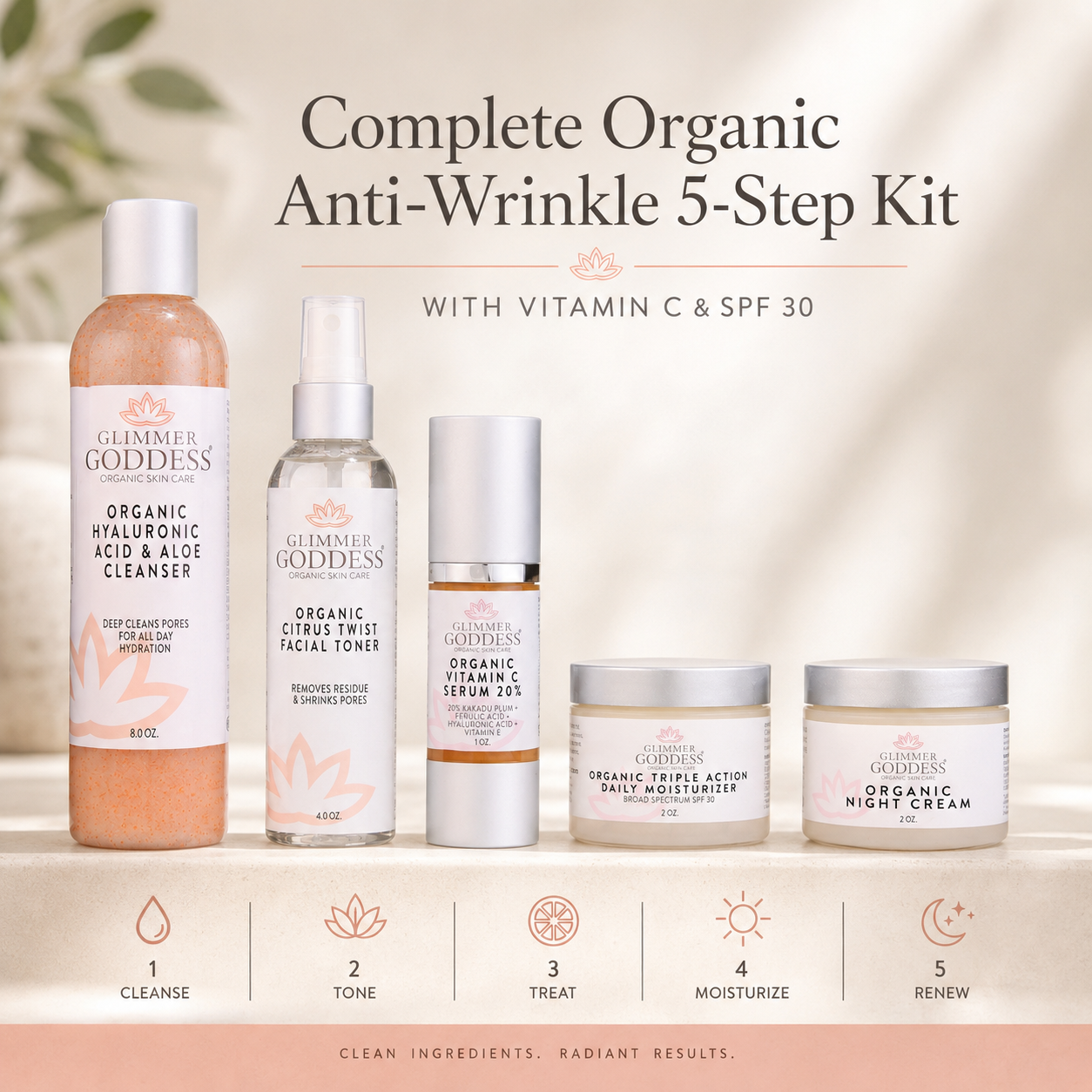 Complete Organic Anti-Wrinkle 5-Step Kit with Vitamin C & SPF 30 - Trending Wellness Store