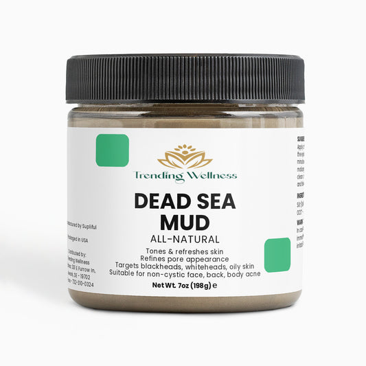 Jar of Dead Sea Mud with Trending Wellness label on a white background