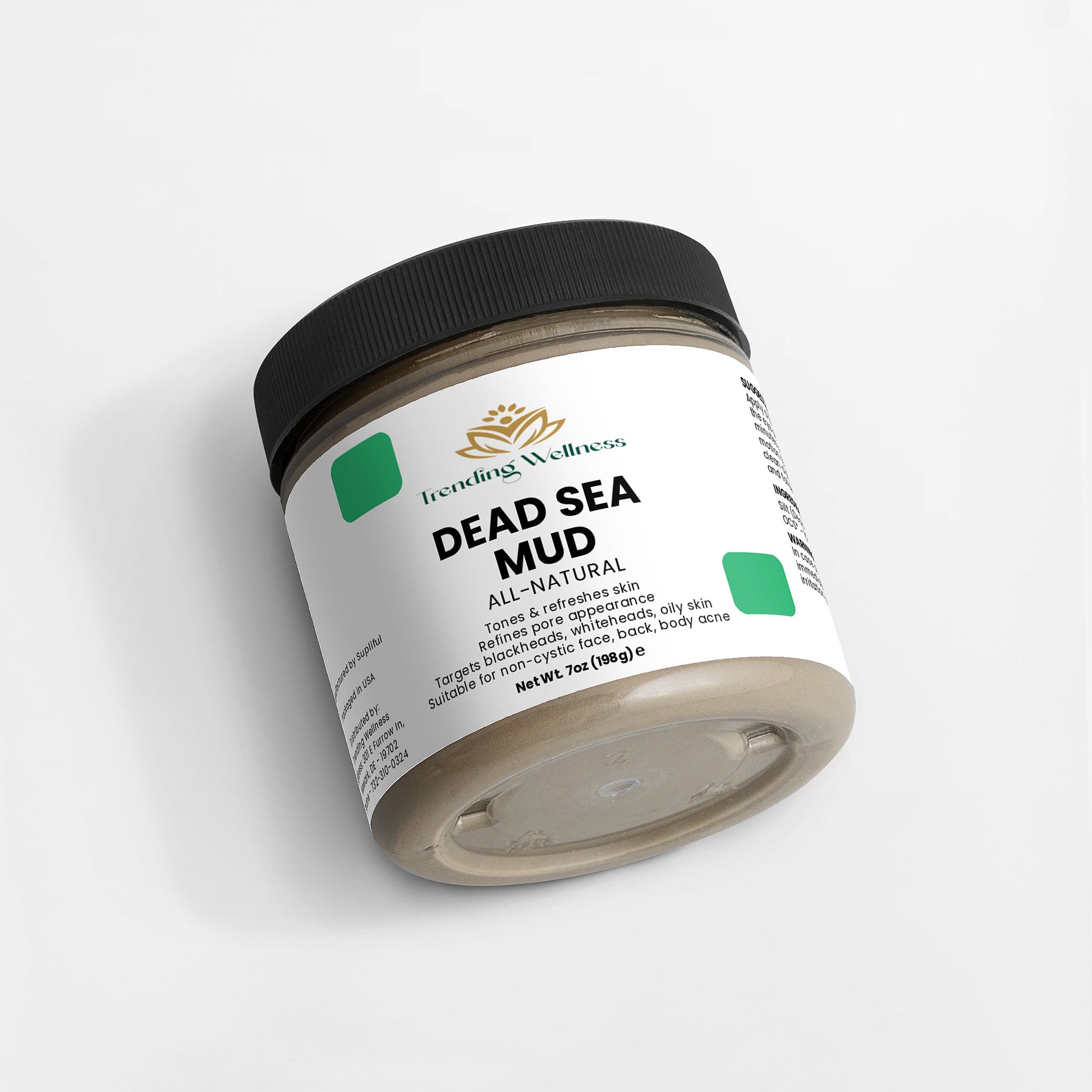 Jar of Dead Sea Mud with 'Healing Wellness' branding on a white background