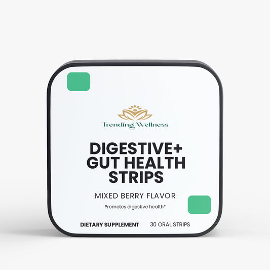 Packaging of Digestive+ Gut Health Strips by Trending Wellness on a white background