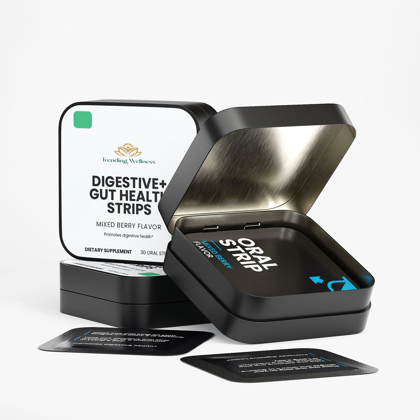 Black container with digestive and gut health strips packaging on a white background