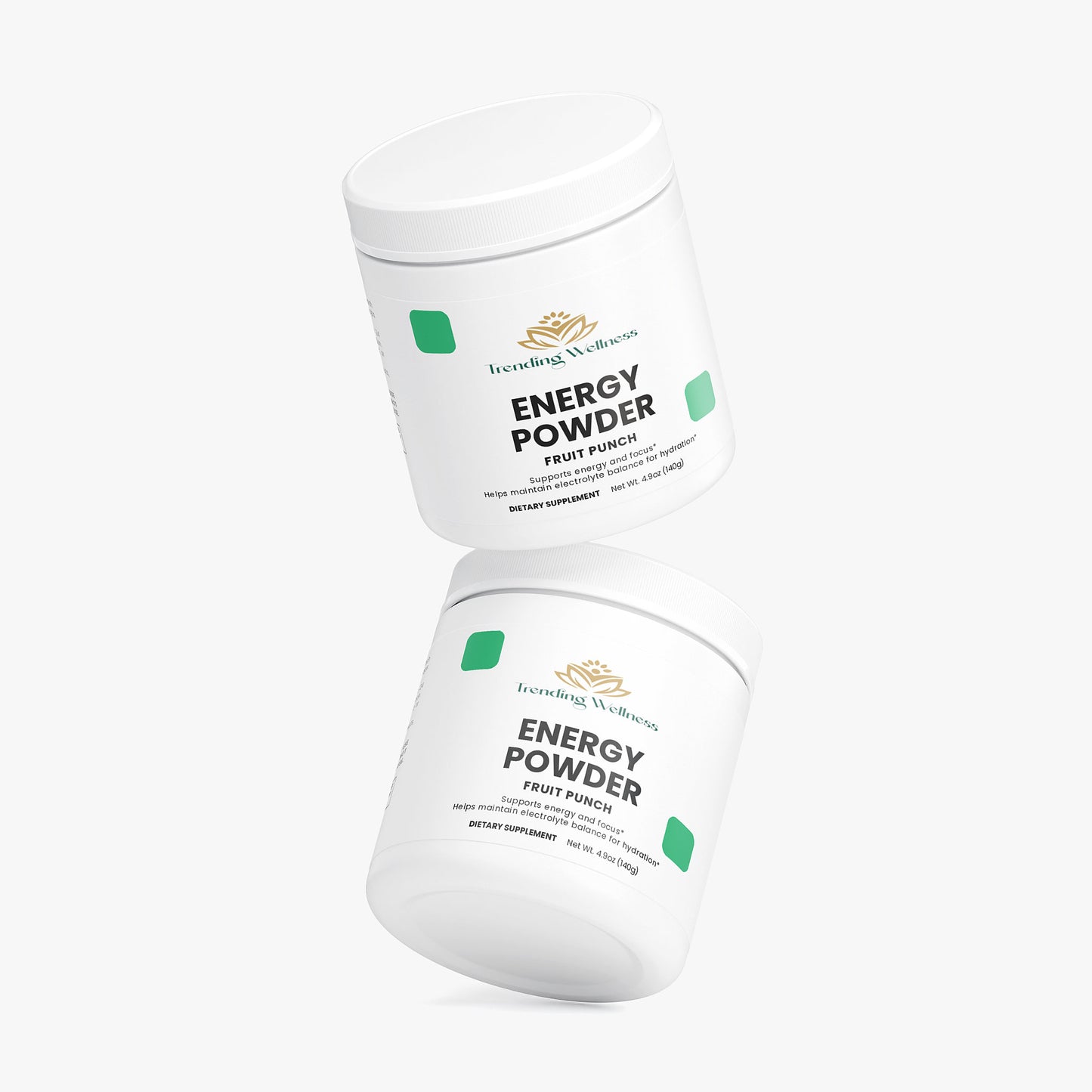 Two containers of energy powder on a white background