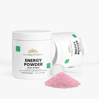 Trending Wellness Energy Powder container with a scoop of pink powder on a white background