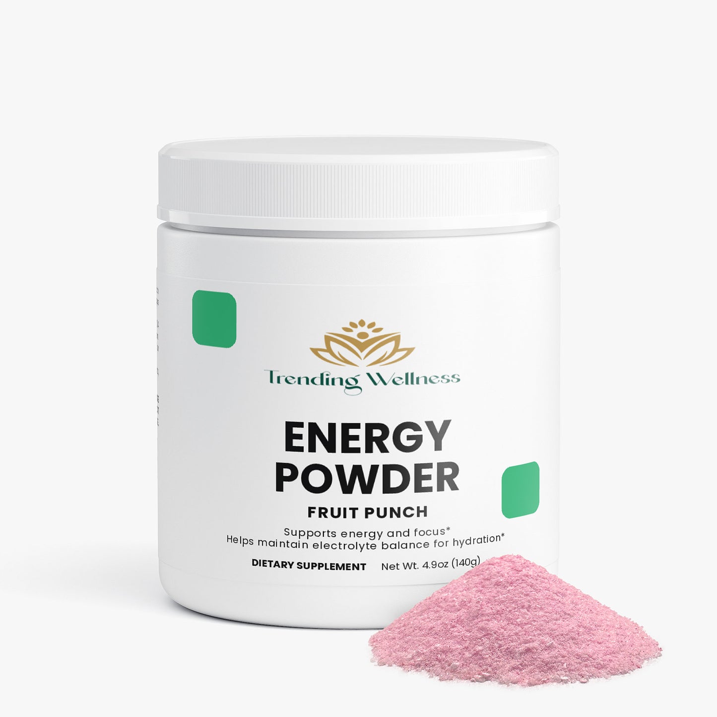 Trending Wellness Energy Powder container with pink powder on a white background