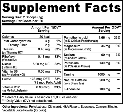 Supplement facts label with various nutrients and their amounts per serving