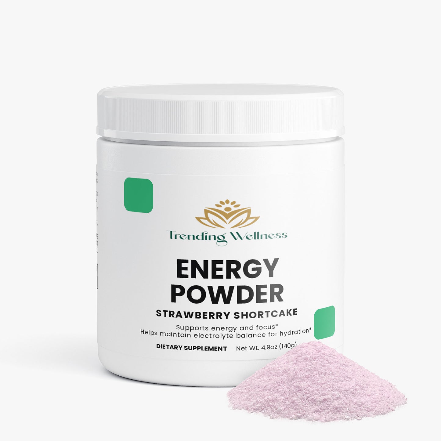 Trending Wellness Energy Powder container with pink powder on a white background