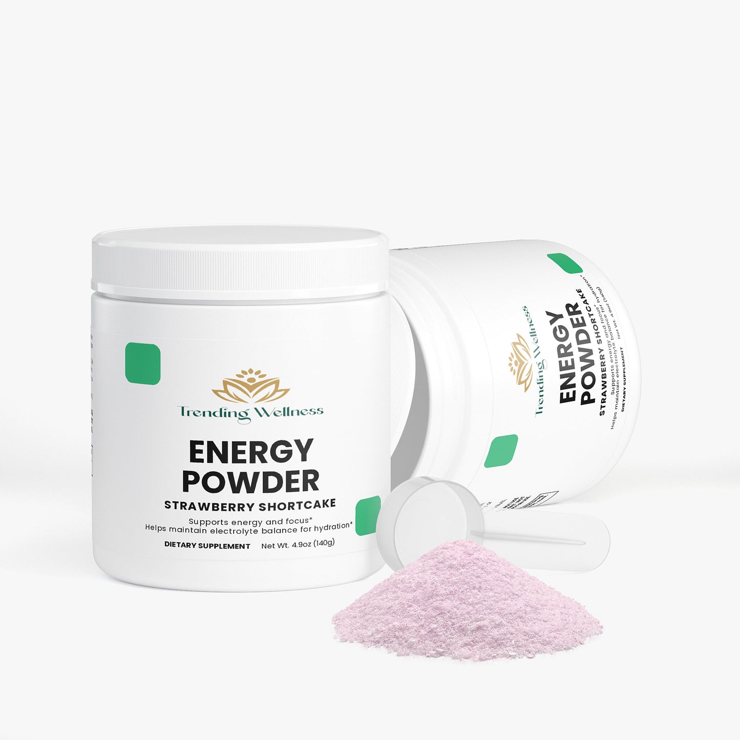 Trending Wellness Energy Powder container with a scoop of pink powder on a white background