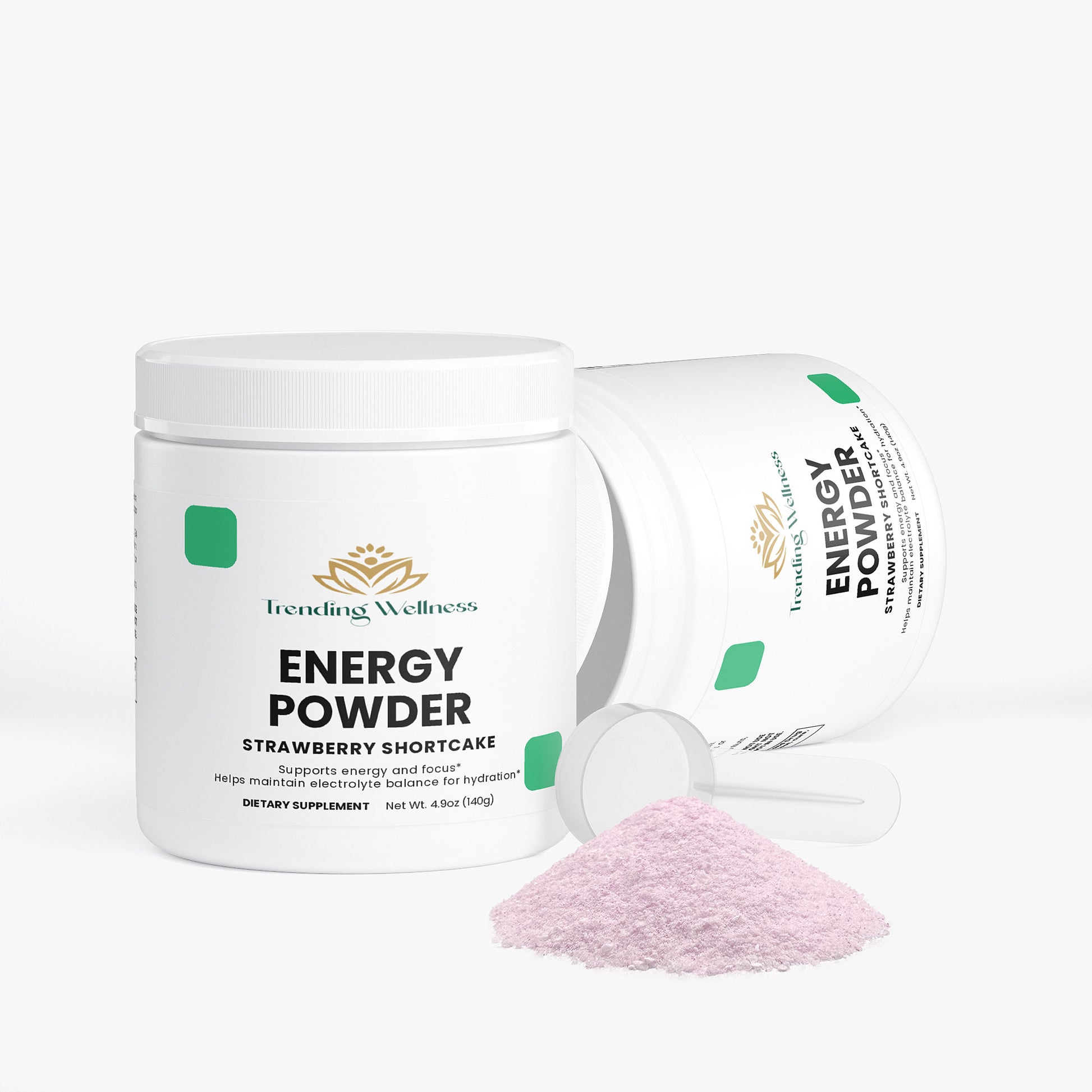 Trending Wellness Energy Powder container with a scoop of pink powder on a white background