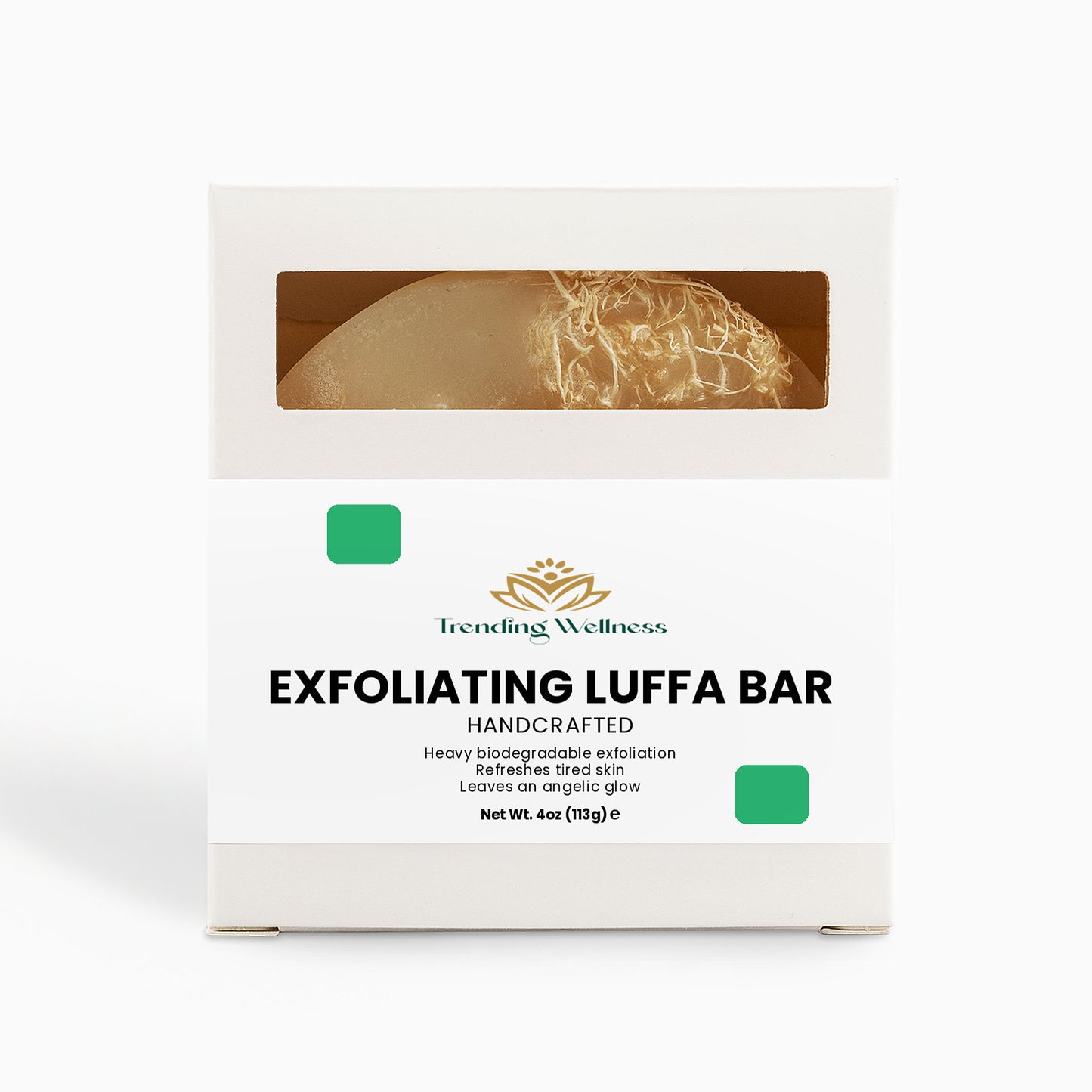 Exfoliating Luffa Bar packaging with 'Trending Wellness' branding on a white background