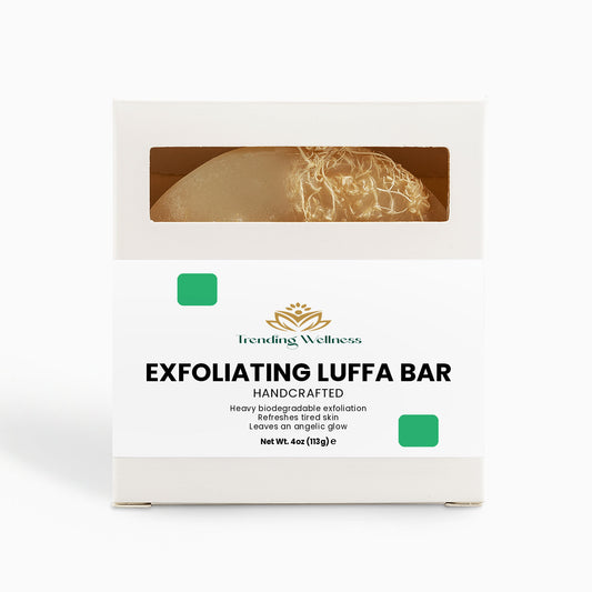 Exfoliating Luffa Bar packaging with 'Trending Wellness' branding on a white background